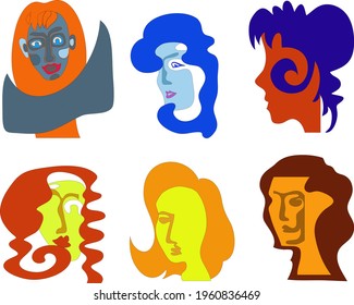 Colorful faces of women and hairstyles. For icons and illustrations.