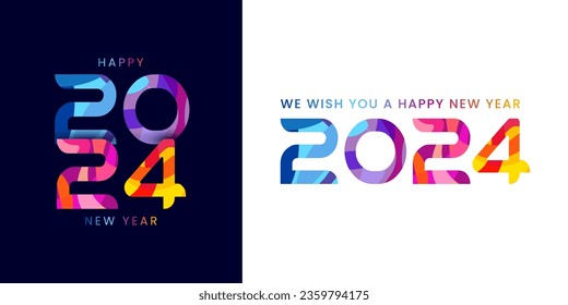 Coloridas facetas del concepto de diseño del logotipo de Año Nuevo 2024. Saludos de Navidad con el número dorado 2024 y caligrafía. Ilustración vectorial.