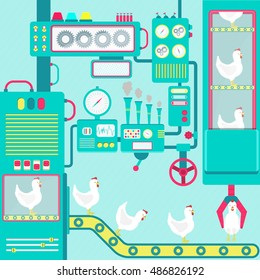 Colorful factory of chickens with machines. Fantasy. Conceptual. Flat design.