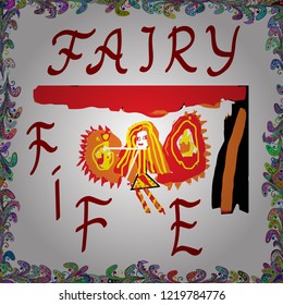 Colorful fairey on white, red and orange colors. Mythical fairy tale characters in cute dresses. Little creatures with colorful hair and wings. Seamless. Drawing in the children's style Flat Vector.
