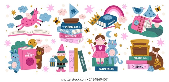 Colorful fairy tale books with fantasy story and magic novel set vector illustration. Literature for kids, child home library artistic design elements with fairytale characters. Hobby for children