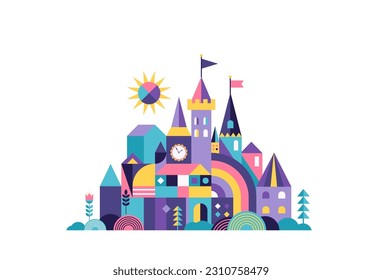 Colorful fairy tale medieval castle flat vector illustration.