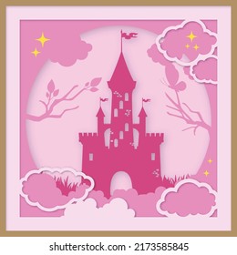 Colorful Fairytale castle with clouds and stars. Layered paper cut style, paper cut background, 