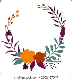 colorful fall autumn color palette floral flowers branches twigs wreath, isolated vector illustration