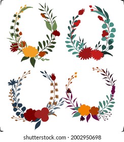 colorful fall autumn color palette floral flowers branches twigs wreaths set, isolated vector illustration