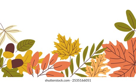 Colorful fall autumn leaves border, overlay isolated on white background. Banner with abstract red, yellow, orange leaves. Modern botanical flat vector illustration.