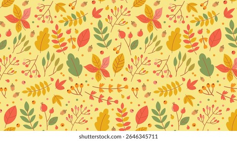 Colorful fall foliage seamless pattern with orange, red, yellow, and brown leaves and floral elements for autumn decor and textiles.