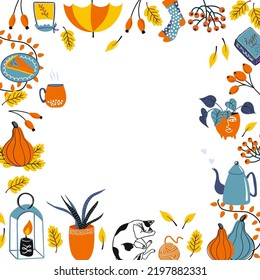Colorful fall frame with seasonal stuff.  Thanksgiving day background. Autumn vibes lettering. Vector illustration for flyers, banners, party invitations, advertisement.
