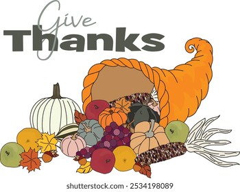 Colorful Fall Harvest Cornucopia with pumpkins, gourds, corn, grapes, apples, oranges, leaves, and acorns Thanksgiving Illustration