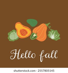 Colorful fall harvest: squash and artichoke with seasonal greeting.