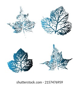 Colorful fall leaves set. Imprints. Stamps of the leaves. Halftone bold tropical leaf contemporary art. Jungle stipple vector illustration for minimal memphis design, leaflet, poster