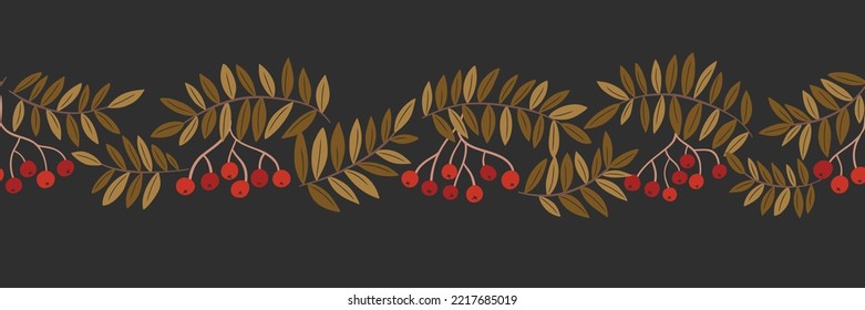 Colorful Fall Linocut Rowan Tree Foliage And Berries Vector Seamless Horizontal Pattern Border. Autumn Wilderness Graphic Print