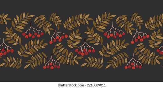 Colorful Fall Linocut Rowan Tree Foliage And Berries Vector Seamless Horizontal Pattern Border. Autumn Wilderness Graphic Print