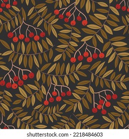 Colorful Fall Linocut Rowan Tree Foliage And Berries Vector Seamless Pattern. Autumn Wilderness Graphic Print