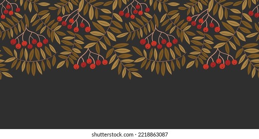 Colorful Fall Linocut Rowan Tree Foliage and Berries Vector Seamless Horizontal Pattern Border. Autumn Wilderness Graphic Print