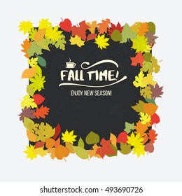 Colorful fall red yellow orange color scheme leaves background for design project. Vector bright template backgrounds for design projects.  Simplistic leaves background with different form and sizes