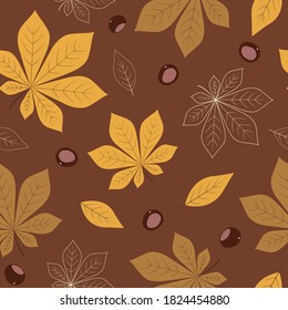 colorful fall seamless pattern with bright yellow and brown chestnut leaves scattered on brown background
