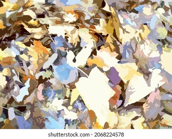 Colorful fallen leaves for backgrounds and textures or prints. Grungy dry leaves, swollen grass for creative compositions, fabric products, wallpaper, covers, camouflage uniform, textiles, cards, etc.