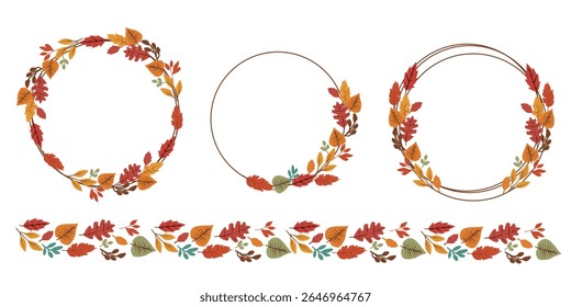 Colorful fallen leaves and berries decoration collection. Set of Autumn and thanks giving day decoration frame. Vector illustration.