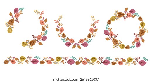 Colorful fallen leaves and berries decoration collection. Set of Autumn and thanks giving day decoration frame. Vector illustration.