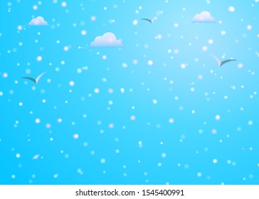Colorful fallign christmas snow on blue sky background with clouds, birds silhouettes, snowfall and snowflakes. Design element for Merry Christmas and Happy New Year greeting card.