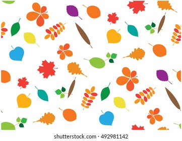 Colorful falling autumn leaves. Vector illustration. Seamless pattern with red, green, orange, blue leaves. Hello autumn.