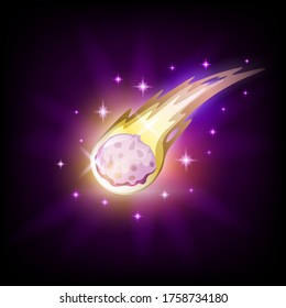 Colorful falling comet meteorite with shining tail icon for slot machine, gambling game design element, vector illustration
