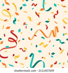 Colorful falling confetti on beige background, seamless carnival pattern. Vector illustration. Carnaval print ornament, yellow, red blue streamers