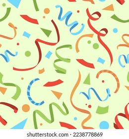 Colorful falling confetti on beige background, seamless carnival pattern. Vector illustration. Carnaval print ornament, yellow, red blue streamers