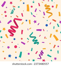 Colorful falling confetti on beige background, seamless carnival pattern. Design invitation holiday, party, birthday. Carnaval print ornament, yellow, red,purple, green streamers. Vector illustration.