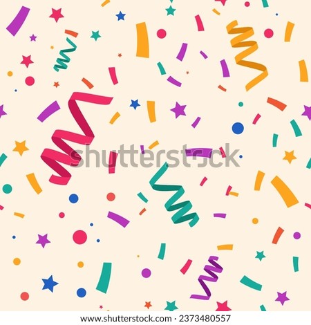 Colorful falling confetti on beige background, seamless carnival pattern. Design invitation holiday, party, birthday. Carnaval print ornament, yellow, red,purple, green streamers. Vector illustration.