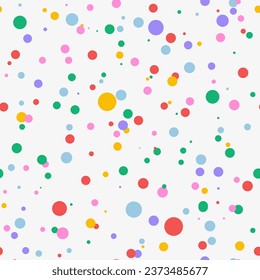 Colorful falling confetti on white background, seamless carnival pattern.   Carnival polka Invitation. Falling festive dot background. Multicolored confetti carnaval design.