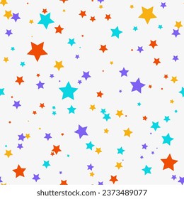 Colorful falling confetti on white background, seamless carnival pattern.   Lots of falling colorful confetti in the form of stars. Multicolored confetti carnaval design.
