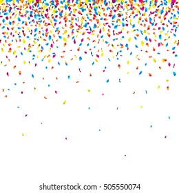 Colorful falling confetti on white background. Seamless celebration border. Vector illustration.