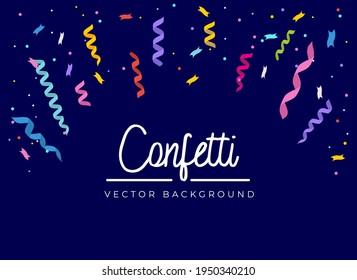Colorful falling confetti and ribbons on blue background. Flat style banner design for Birthday, party, celebration or holidays. Abstract festive background template. Vector illustration