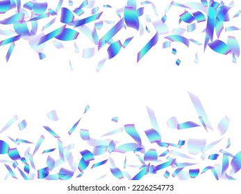 Fondo vector de dispersión de confeti colorido en caída. Vector de cumpleaños de partículas de holograma azul. Cachorros de caca volando confetti. Ilustración de decoración de celebración de feriados. Raseros de regalo.