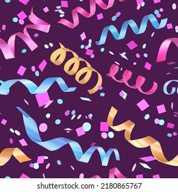 Colorful falling confetti, seamless carnival pattern. 3d realistic streamers with confetti. Vector illustration for anniversary, birthday, sale and promotion, party design element.
