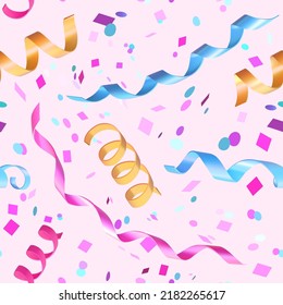 Colorful falling confetti, seamless carnival pattern. 3d realistic streamers with confetti. Vector illustration for anniversary, birthday, sale and promotion, party design element.