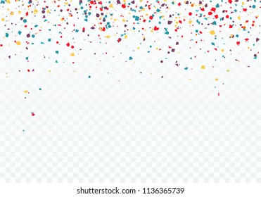 Colorful falling confetti. Top of the pattern is decorated with confetti. Vector illustration isolated on transparent background