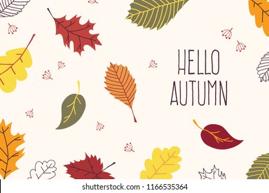 Colorful Falling Leaves  with Hello Autumn Text.