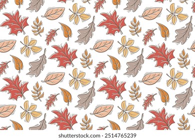 Colorido patrón de hojas que caen sin fisuras doodle estilo de boceto. Fondo de otoño de la caída de la hoja. Impresión estacional del follaje para la materia textil, papel de embalaje, tela, Fondo de pantalla, Vector