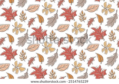 Colorful falling leaves seamless pattern doodle sketch style. Autumn leaf fall background. Seasonal foliage print for textile, wrapping paper, fabric, wallpaper, vector graphics