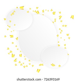 Colorful falling paper confetti holiday background. White border mockup template for birthday, xmas, christmas, new year. Vector celebration party frame shiny falling festive carnival shimmer.