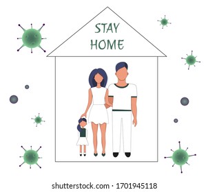 Colorful family with child stay home because of virus. Vector illustration isolated on white background.
