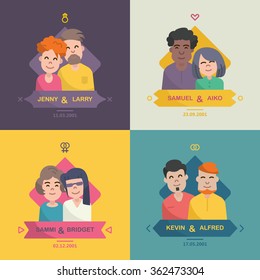 Colorful family emblems in a linear flat style on bright background. Traditionally and LGBT families. Men and women, lesbians, gays. People in love and relationships. Icon with couple and date. 