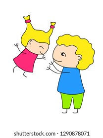 Colorful family scene vector illustration on white background. Father and daughter playing together. Parent and kid childish style doodle. Happy family childhood clipart. Cute character outlined icon