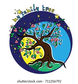 Colorful family tree in the colors of the Ukrainian flag.Vector image of a tree silhouette. Can be used as a print, as a template for a family tree.