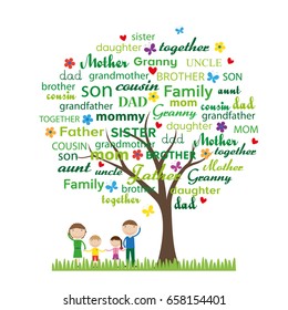 Colorful family tree and happy family