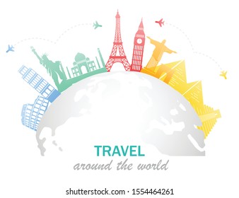 Colorful famous landmarks located around the globe. Isolated on white background. Vector illustration in flat design. Major tourist destinations the world. Rest and travel concept.