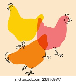 Colorful, fancy chicken. Avatar, badge, poster, logo templates, print. Vector illustration with Riso print effect in flat cartoon style